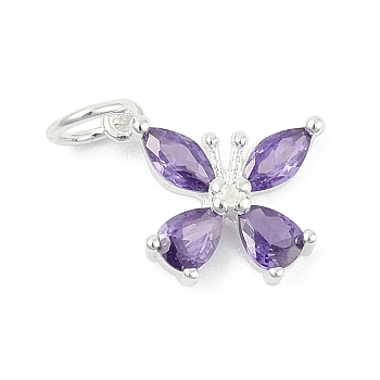 925 Sterling Silver Micro Pave Cubic Zirconia Pendants, Butterfly Charms, with Jump Ring, Medium Purple, 10x11.5x3mm, Hole: 3mm