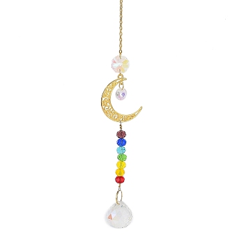 Alloy Hollow Hanging Ornaments, Iron Chain & Colorful Glass Round Beads Tassel for Home Garden Decorations, Moon, 310mm