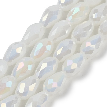 Opaque Solid Color Electroplate Glass Beads Strands, AB Color Plated, Faceted, Teardrop, White, 8x6mm, Hole: 1.2mm, about 65~67pcs/strand, 20.08 inch(51cm)