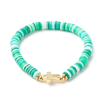 Polymer Clay Heishi Beads Stretch Bracelet for Women, Cross Cubic Zirconia Link Bracelet, Golden, Medium Spring Green, Inner Diameter: 2-1/4 inch(5.6cm)