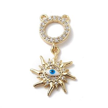Rack Plating Brass Micro Pave Clear Cubic Zirconia Connector Charms, Enamel Evil Eye Sun, Lead Free & Cadmium Free, Real 18K Gold Plated, 32mm, Hole: 1.2mm, Sun: 17.5x16x2.5mm