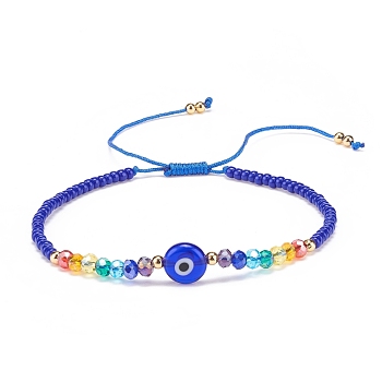 Lampwork Evil Eye & Glass Beaded Bracelet, Braided Adjustable Bracelet for Women, Blue, Inner Diameter: 2-1/2~3-7/8 inch(6.2~9.7cm)