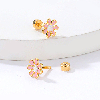 Real 18K Gold Plated Stainless Steel Stud Earrings for Women, Daisy Flower, Pink, No Size