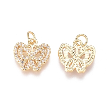 Brass Micro Pave Clear Cubic Zirconia Charms, with Jump Rings, Butterfly, Golden, 13x13x2mm, Jump Ring: 4.5x0.7mm, Inner Diameter: 3mm