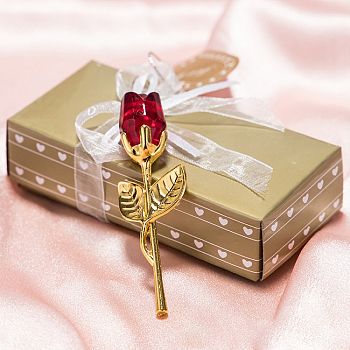 Crystal Glass Rose with Metal Rod Flower Branch, for Wedding Gift Valentine's Day Present, Golden, Red, 90x30x20mm