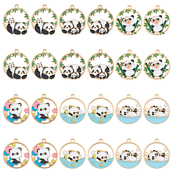 24Pcs 6 Styles Alloy Enamel Pendants, Flat Round with Panda Charm, Golden, Mixed Color, 28x25x1.5mm, Hole: 1.8mm, 4pcs/style