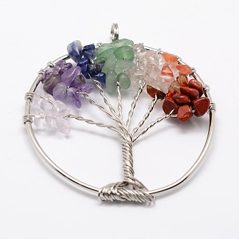 Tree of Life Mixed Stone Bead Brass Wire Wrapped Big Pendants, Cadmium Free & Nickel Free & Lead Free, 50~64x48~52x5~8mm, Hole: 3~6mm