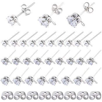 60Pcs 3 Size Clear Cubic Zirconia Stud Earring Findings, with Rhodium Plated 925 Sterling Silver Pins and Horizontal Loops, with S925 Stamp, 60Pcs Brass Ear Nuts, Platinum, 5.5~9x4.5~7mm, Hole: 0.8~1.2mm, Pin: 0.7mm, 20Pcs/size