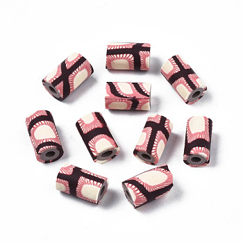 Handmade Polymer Clay Beads, Column with Jewelry Crafts Pattern, Coral, 11x6~7.5mm, Hole: 2~3mm