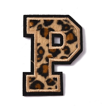 Polyester Computerized Embroidery Cloth Iron On Sequins Patches, Leopard Print Pattern Stick On Patch, Costume Accessories, Appliques, Letter.P, 60x43x1.5mm