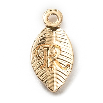 Alloy Pendants, Leaf with Letter Charm, Light Gold, Letter.R, 15.5x7.5x2.5mm, Hole: 1.5mm