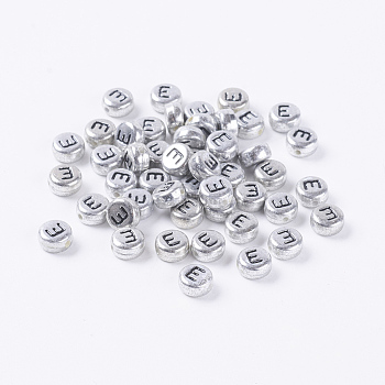 Silver Color Plated Acrylic Beads, Letter Style, Horizontal Hole, Flat Round with Word Letter.E, 7x3.5mm, Hole: 1mm
