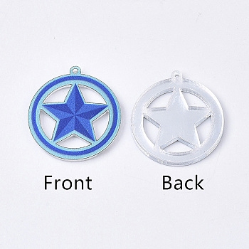 Acrylic Pendants, PVC Printed on the Front, Film and Mirror Effect on the Back, Star, Blue, 23.5x22x2mm, Hole: 1mm