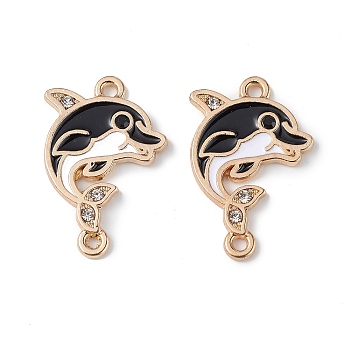 Alloy Enamel Connector Charms, Dolphin Links with Crystal Rhinestone, Light Gold, Cadmium Free & Nickel Free & Lead Free, Black, 23x15.5x1.5mm, Hole: 1.5mm