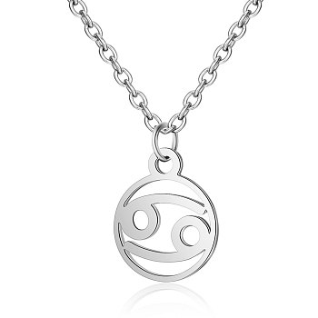 201 Stainless Steel Pendants Necklaces, Flat Round with Constellations, Cancer, 16.3 inch(40cm)x1mm