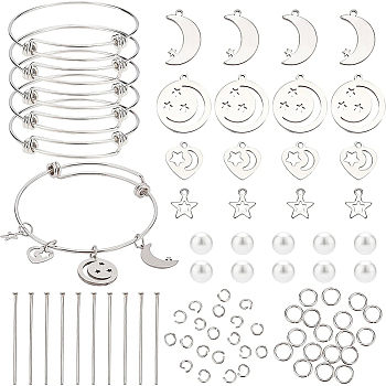 BENECREAT DIY Moon & Star Charm Bangle Making Kit, Include 304 Stainless Steel Pendants & Pins & Jump Rings, 201 Stainless Steel Charms & Expandable Bangle Making, Glass Pearl Beads, Stainless Steel Color, White, Bangle Making: 6pcs/set