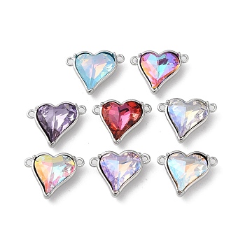 Brass Pave Glass Rhinestone Connector Charms, Heart Links, Mixed Color, Real Platinum Plated, 14x18x6mm, Hole: 1.4mm