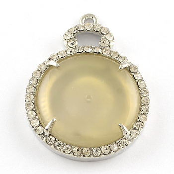 Flat Round Jade Pendant with Platinum Tone Alloy Rhinestone Findings, Dark Khaki, 41x30x6mm, Hole: 2mm