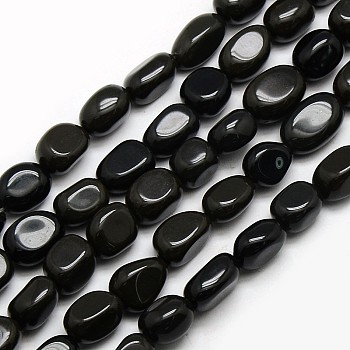 Natural Obsidian Nuggets Beads Strands, Tumbled Stone, Black, 8~12x8~12mm, Hole: 1mm, about 34~36pcs/strand, 15.5 inch