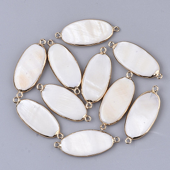 Freshwater Shell Links connectors, with Edge Golden Plated Iron Loops, Oval, Seashell Color, 37~38x16x4mm, Hole: 1.8mm
