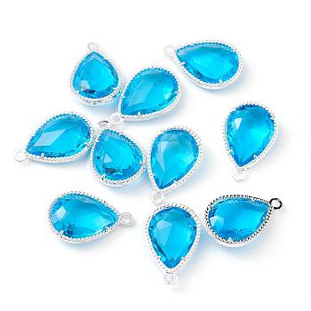 Glass Pendants, with Eco-Friendly Alloy Open Back Berzel Findings, Faceted, teardrop, Silver Color Plated, Deep Sky Blue, 18x12x5mm, Hole: 1.4mm
