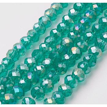 Electroplate Glass Beads Strands, Full Rainbow Plated, Faceted, Rondelle, Light Sea Green, 4~4.5x3mm, Hole: 0.5mm, about 130~135pcs/strand, 15.5~16 inch(39~40cm)
