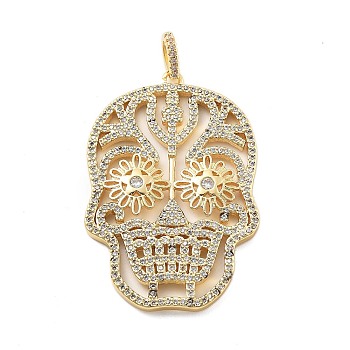 Brass Micro Pave Cubic Zirconia Pendants, Skull Charms, Real 18K Gold Plated, Clear, 47x31x3.5mm, Hole: 5.5x3mm