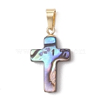 Natural Abalone Shell/Paua Shell Pendants, Cross Charms with 304 Stainless Steel Snap on Bails, Golden, 22x13x3mm, Hole: 6x3mm(PALLOY-JF04927)