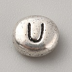 Tibetan Style Alloy Beads, Antique Silver, Oval with Letter, Letter U, 6x6.5x3.3mm, Hole: 1mm(FIND-TAC0020-14U)