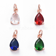 Brass Micro Pave Cubic Zirconia Pendants, with Jump Ring, Teardrop, Rose Gold, Mixed Color, 11.5x6.5x4mm, Hole: 3mm(ZIRC-E164-64RG)