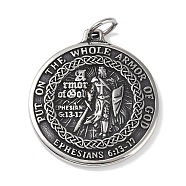 Viking 316 Surgical Stainless Steel Pendants, with Jump Rings, Flat Round with Knight Charm, Antique Silver, 42x37.5x4.5mm, Hole: 6.5mm(STAS-E212-11AS)