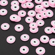 Handmade Polymer Clay Cabochons, Flat Round with Evil Eye, Pink, 5~6x0.5~1mm, about 50000pcs/1000g(CLAY-N006-112-A06)