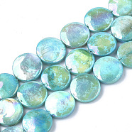 Natural Freshwater Shell Beads Strands, AB Color Plated, Dyed, Flat Round, Cyan, 10~11.5x3~4mm, Hole: 1mm, 34pcs/strand, 15.15 inch(X-SHEL-S274-52A)