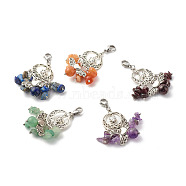 Natural Gemstone Pendant Decorations, with Alloy Findings & 304 Stainless Steel Lobster Claw Clasps, Woven Net/Web with Feather, Mixed Color, 55mm(HJEW-JM00601)