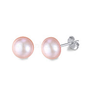 Natural Pearl Ear Studs for Women, with Rhodium Plated 925 Sterling Silver Pins, with S925 Stamp, Round, Real Platinum Plated, 7.5~8mm(EJEW-P231-01P)