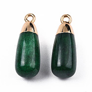 Natural Agate Pendants, with Light Gold Plated Iron Findings, Teardrop Charm, Dyed & Heated, Dark Green, 23x8mm, Hole: 1.8mm(G-N326-135-02)