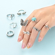 9Pcs 9 Style Adjustable Alloy Finger Rings, Bowknot & Heart & Flat Round & Starfish & Fishtail & Flower & Wings & Butterfly & Wide Band Rings, Antique Silver, US Size 5(16mm)~US Size 7(17mm), 1pc/style(RJEW-LS0001-15AS)