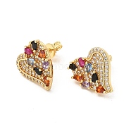 Cubic Zirconia Heart Stud Earrings, Golden Brass Jewelry for Women, Colorful, 14x13mm, Pin: 0.6mm(EJEW-E273-10G)