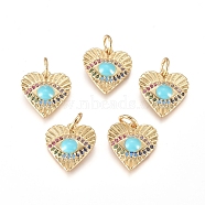 Brass Charms, with Micro Pave Cubic Zirconia, Enamel and Jump Rings, Heart with Evil Eye, Colorful, Golden, 13x13x3mm, Hole: 3mm(ZIRC-L070-74G)