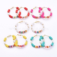 Basketball Wives Style Brass Heishi Beaded Hoop Earrings, with Natural Cultured Freshwater Pearl Beads and Plastic Earring Backs, Mixed Color, 51x49~49.5mm, Pin: 0.8mm(EJEW-JE04086)
