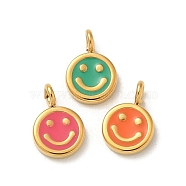 Ion Plating(IP) 304 Stainless Steel Enamel Charms, Real 14K Gold Plated, Flat Round with Smiling Face Charm, Mixed Color, 9x6x1.5mm, Hole: 1.6mm(STAS-G351-04G)