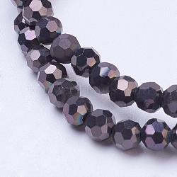 Electroplate Glass Bead Strands, Faceted(32 Facets), Round, Black Plated, 4mm, Hole: 0.5mm, about 100pcs/strand, 14.2 inch(EGLA-R042-4mm-05)