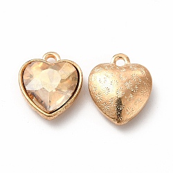 Faceted Glass Rhinestone Pendants, with Golden Tone Zinc Alloy Findings, Heart Charms, PeachPuff, 16.5x14x6.5mm, Hole: 1.6mm(GLAA-I051-B19)