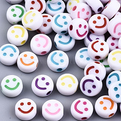 Opaque Craft Acrylic Beads, Flat Round with Smiling Face, Mixed Color, 10x5mm, Hole: 2mm(X-MACR-S369-003A-01)