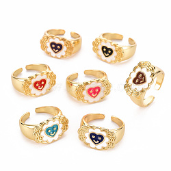 Brass Enamel Cuff Rings, Open Rings, Cadmium Free & Nickel Free & Lead Free, Flower with Smiling Face, Real 16K Gold Plated, Mixed Color, US Size 8, Inner Diameter: 18mm(RJEW-S045-121-NR)