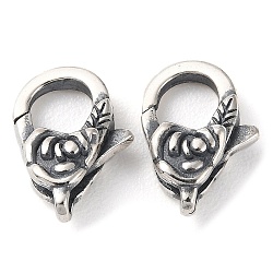 925 Thailand Sterling Silver Lobster Claw Clasps, Flower, with 925 Stamp, Antique Silver, 13.5~14x9x4.5mm, Hole: 1.4mm(STER-D003-21AS)