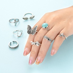 9Pcs 9 Style Adjustable Alloy Finger Rings, Bowknot & Heart & Flat Round & Starfish & Fishtail & Flower & Wings & Butterfly & Wide Band Rings, Antique Silver, US Size 5(16mm)~US Size 7(17mm), 1pc/style(RJEW-LS0001-15AS)