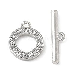 Brass Micro Pave Clear Cubic Zirconia Toggle Clasps, Ring, Cadmium Free & Lead Free, Long-Lasting Plated, Platinum, Bar: 4x16x2mm, Hole: 1.1mm, Ring: 12.5x10x1.5mm(CU-CBAC675-06P)