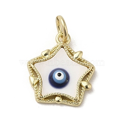 Evil Eye Enamel Shell Pendants, Brass Star Charms with Jump Rings, Real 18K Gold Plated, Midnight Blue, 17x15x3.6mm, Hole: 3.7mm(KK-E092-26G-04)
