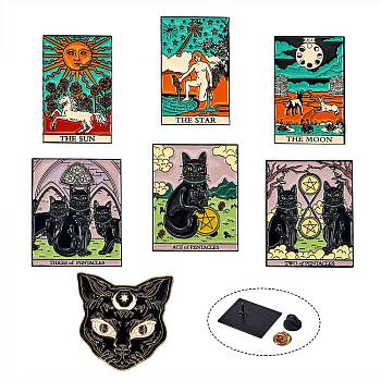7Pcs 7 Style Alloy Enamel Tarot Brooches, for Backpack Clothes, Mixed Color, 30~37x19~37.5x2mm, pin: 1mm, 1pc/style
